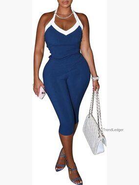 Large Ribbed Knit Halter Top and Capri Pants Set Polyester Spandex